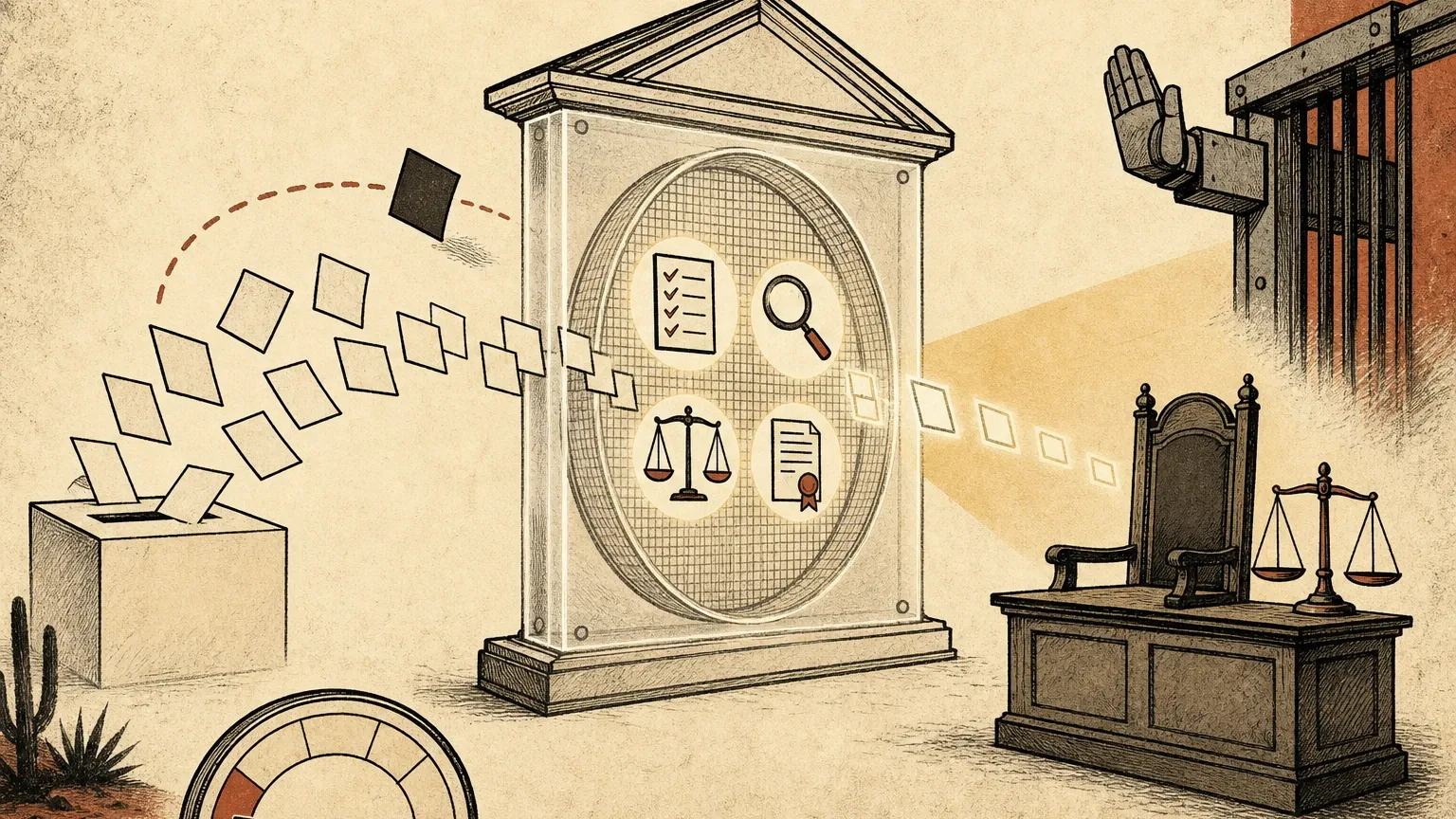 Monero editorial donde boletas ciudadanas atraviesan un filtro institucional transparente antes de convertirse en autoridad judicial, equilibrando voto popular y revisión pública.