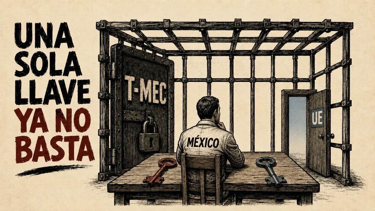 Monero editorial con México sentado dentro de una jaula industrial, frente a dos llaves; una puerta T-MEC cerrada y una puerta UE entreabierta bajo el lema “Una sola llave ya no basta”.