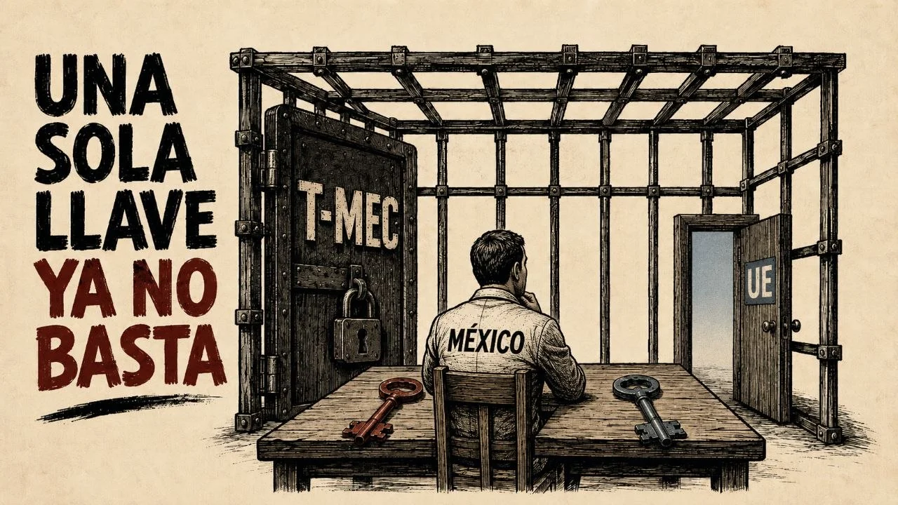 Monero editorial con México sentado dentro de una jaula industrial, frente a dos llaves; una puerta T-MEC cerrada y una puerta UE entreabierta bajo el lema “Una sola llave ya no basta”.